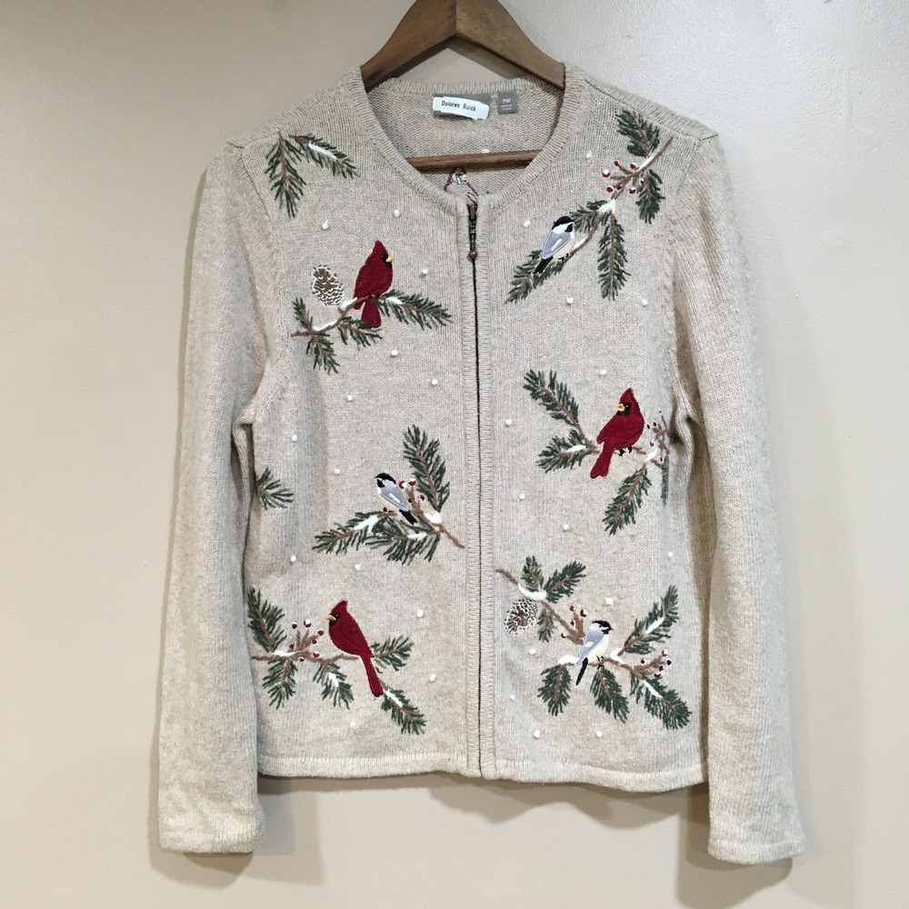 Embroidered Cardigan Sweater Womens PM Birds Cardinal Tan Zip Cottage Grandma